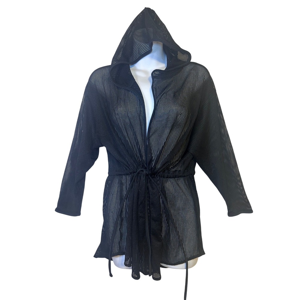 Dotti Black Mesh Hooded Drawstring Kimono Cover Up‎ Small